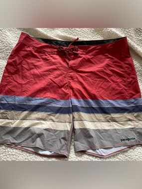 Patagonia Men's Red Swim Board Shorts with Stripes